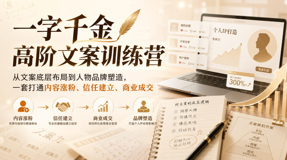 一字千金高阶文案训练营，从文案底层布局到人物品牌塑造，一套打通内容涨粉、信任建立、商业成交 - 福创网
