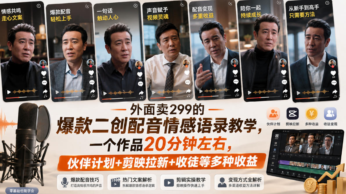 外面卖299的爆款二创配音情感语录教学，一个作品20分钟左右，伙伴计划+剪映拉新+收徒等多种收益 - 福创网