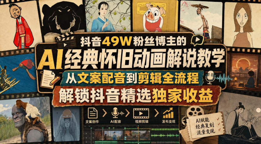 抖音49W粉丝博主的AI经典怀旧动画解说教学，从文案配音到剪辑全流程，解锁抖音精选独家收益 - 福创网