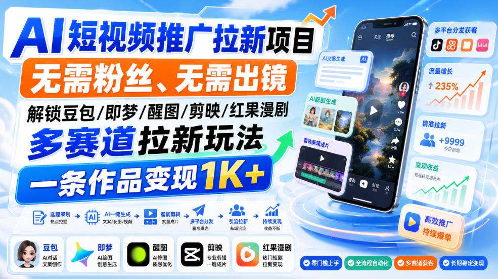 AI短视频推广拉新项目，无需粉丝、无需出镜，解锁豆包/即梦/醒图/剪映/红果漫剧多赛道拉新玩法，一条作品变现1K+ - 福创网