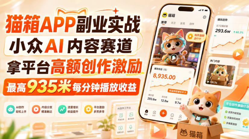 猫箱APP副业实战，小众AI内容赛道，拿平台高额创作激励，最高935米每分钟播放收益 - 福创网