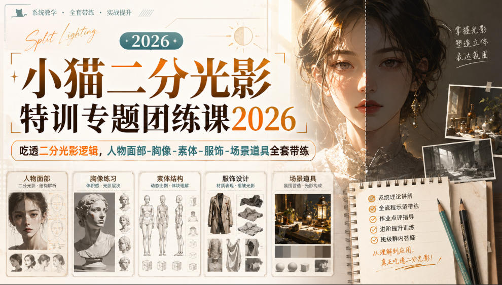 2026小猫二分光影特训专题团练课｜吃透二分光影逻辑，人物面部‑胸像‑素体‑服饰‑场景道具全套带练，高清画质附赠课件与笔刷 - 福创网