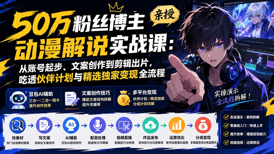 50万粉丝博主亲授动漫解说实战课:从账号起步、文案创作到剪辑出片,吃透伙伴计划与精选独家变现全流程 - 福创网