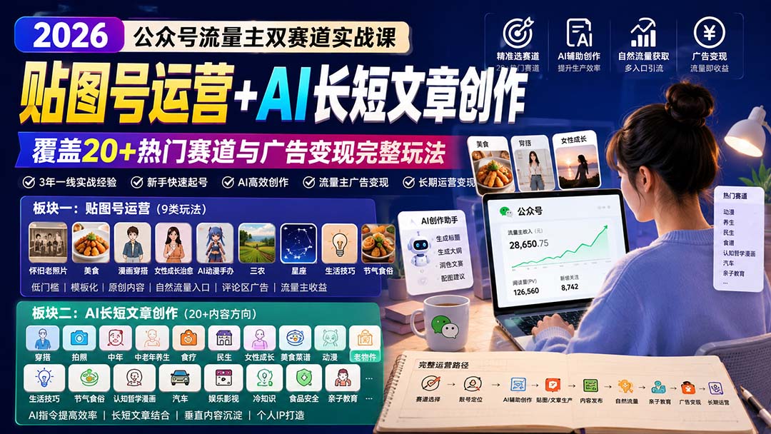 公众号流量主双赛道实战课：贴图号运营+AI长短文章创作，覆盖20+热门赛道与广告变现完整玩法 - 福创网