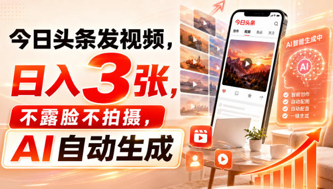 今日头条发视频，日入3张，不露脸不拍摄，AI自动生成 - 福创网