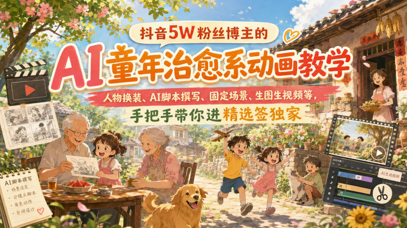 抖音5W粉丝博主的AI童年治愈系动画教学，人物换装、AI脚本撰写、固定场景、生图生视频等，手把手带你进精选签独家 - 福创网