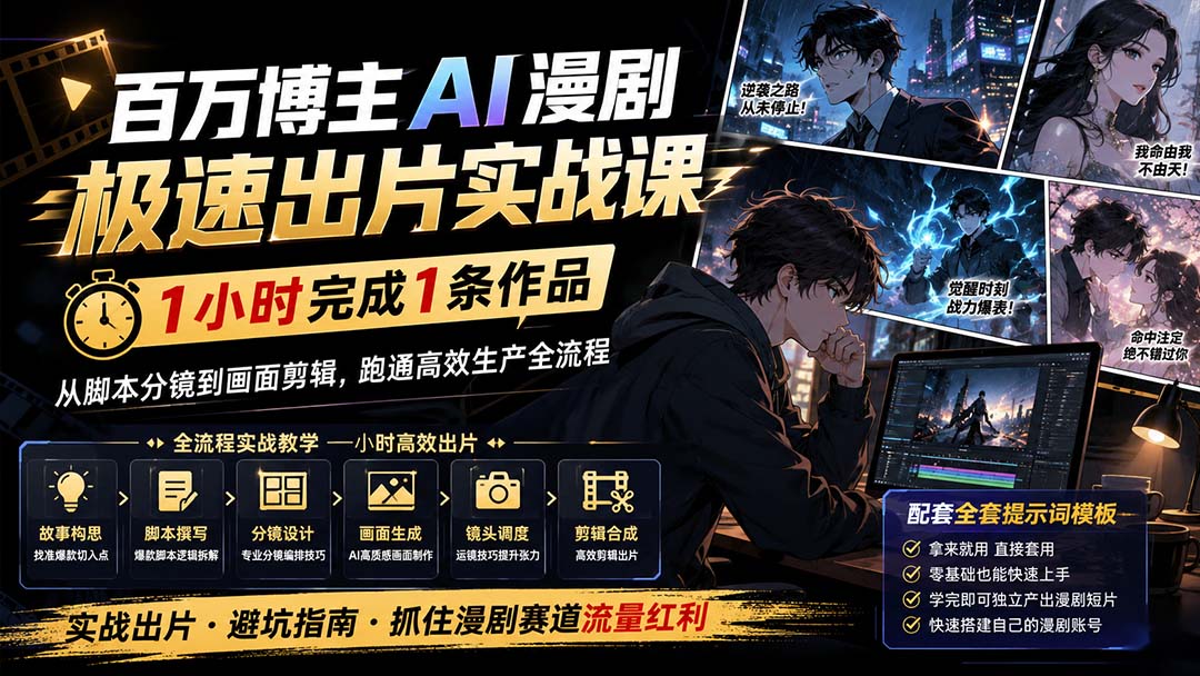 百万博主AI漫剧极速出片实战课：1小时产出条作品，从脚本分镜到画面剪辑，跑通高效生产全流程 - 福创网