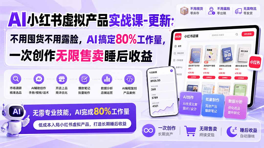 AI小红书虚拟产品实战课-更新：不用囤货不用露脸，AI搞定80%工作量，一次创作无限售卖睡后收益 - 福创网