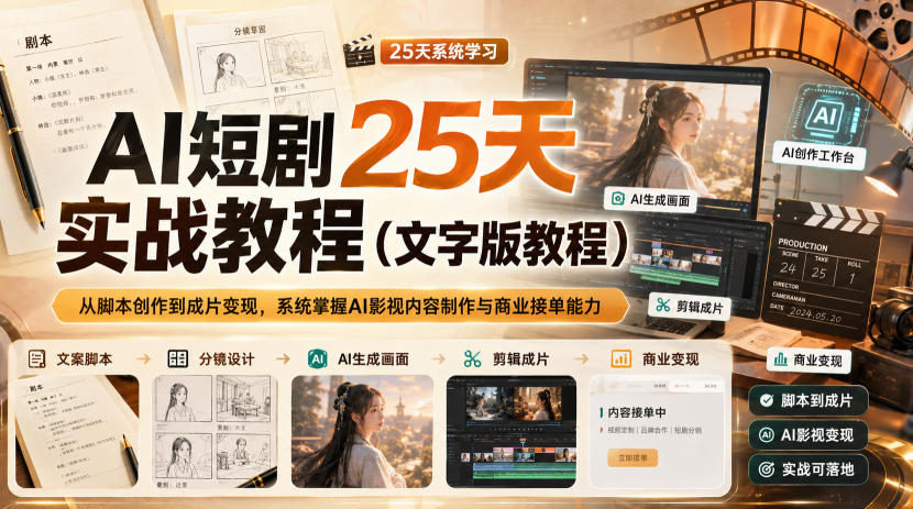 AI短剧25天实战教程(文字版教程)，从脚本创作到成片变现，系统掌握AI影视内容制作与商业接单能力 - 福创网