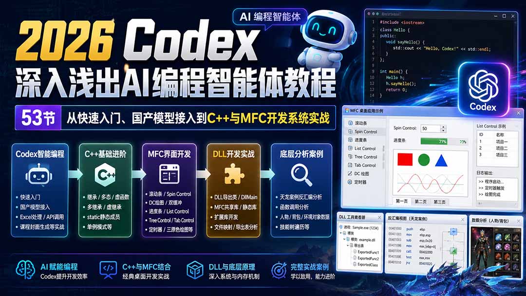 2026 Codex深入浅出AI编程智能体教程：53节从快速入门、国产模型接入到C++与MFC开发系统实战 - 福创网