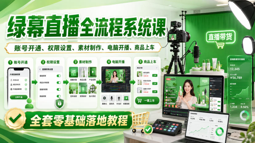 绿幕直播全流程系统课，账号开通、权限设置、素材制作、电脑开播、商品上车全套零基础落地教程 - 福创网