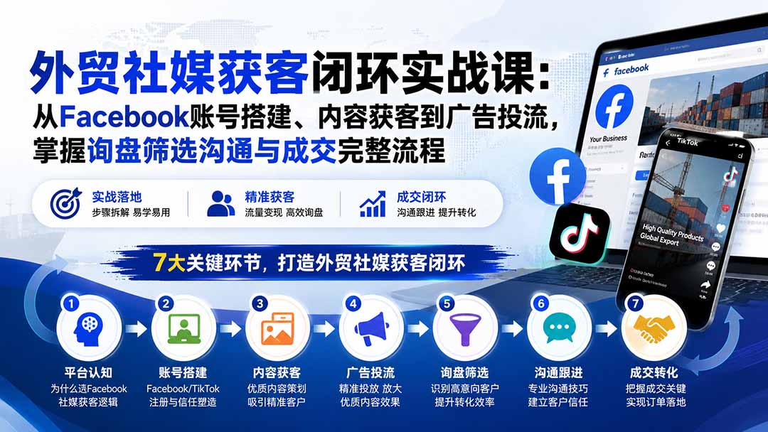 外贸社媒获客闭环实战课：从Facebook账号搭建、内容获客到广告投流，掌握询盘筛选沟通与成交完整流程 - 福创网