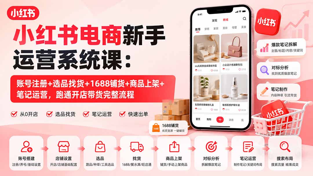 小红书电商新手运营系统课：账号注册+选品找货+1688铺货+商品上架+笔记运营，跑通开店带货完整流程 - 福创网