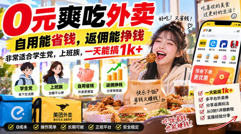 0元爽吃外卖，自用能省钱，返佣能挣钱，非常适合学生党，上班族，一天能搞1k+ - 福创网