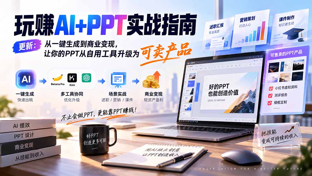 玩赚AI+PPT实战指南-更新5月13：从一键生成到商业变现，让你的PPT从自用工具升级为可卖产品 - 福创网
