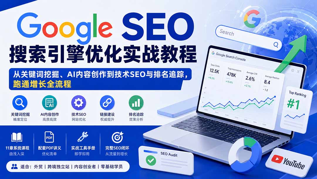 Google SEO搜索引擎优化实战教程：从关键词挖掘、AI内容创作到技术SEO与排名追踪，跑通增长全流程 - 福创网