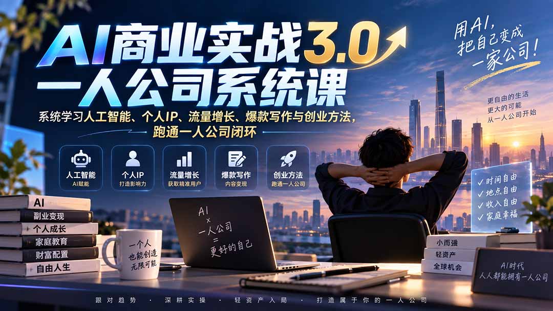 AI商业实战3.0一人公司系统课：系统学习人工智能、个人IP、流量增长、爆款写作与创业方法，跑通一人公司闭环 - 福创网