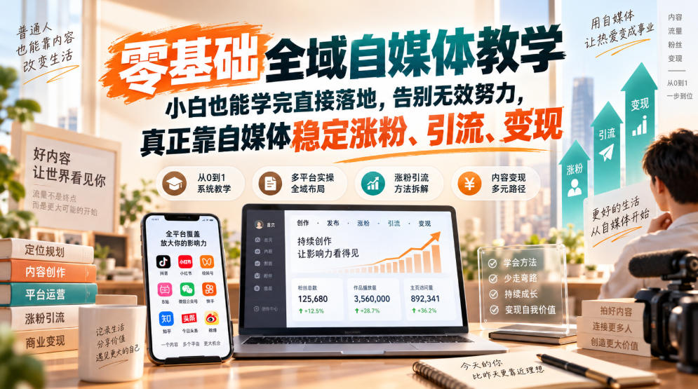 零基础全域自媒体教学，小白也能学完直接落地，告别无效努力，真正靠自媒体稳定涨粉、引流、变现 - 福创网