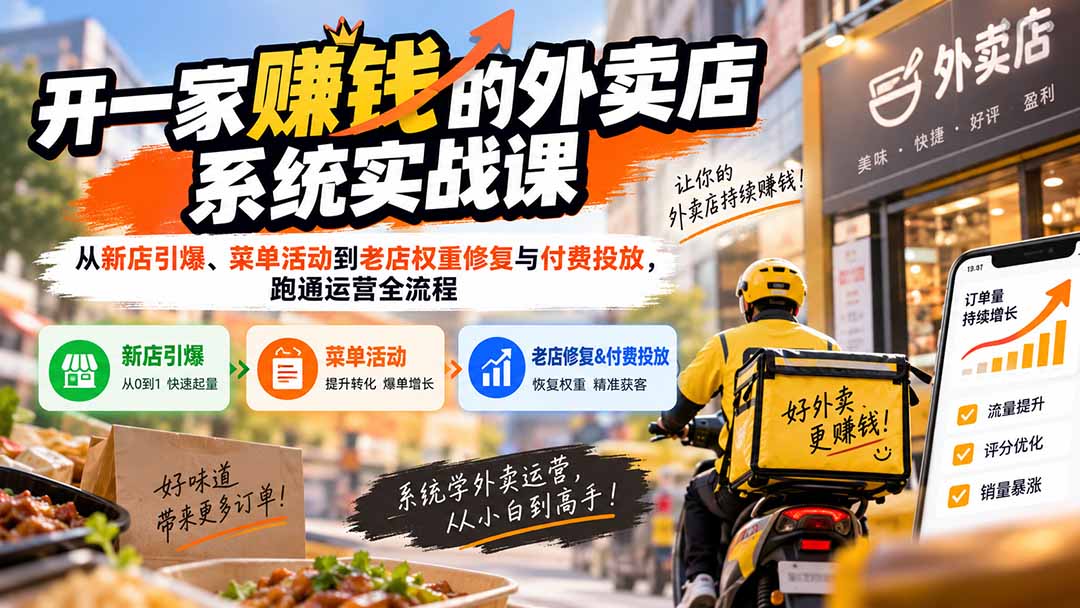 开一家赚钱的外卖店系统实战课：从新店引爆、菜单活动到老店权重修复与付费投放，跑通运营全流程 - 福创网