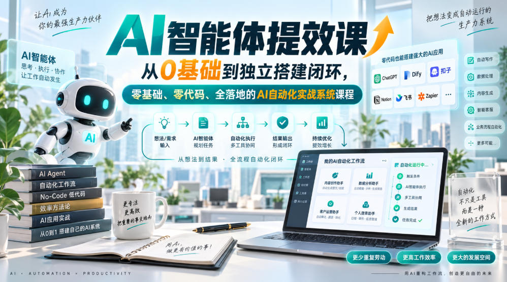 AI智能体提效课，从0基础到独立搭建闭环，零基础、零代码、全落地的AI自动化实战系统课程 - 福创网