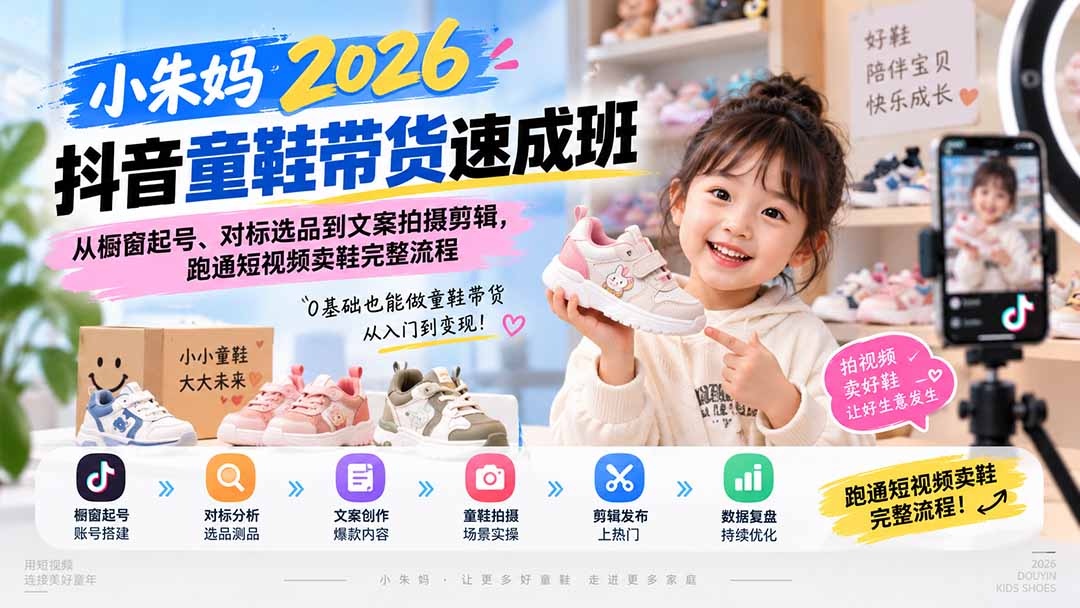 小朱妈2026抖音童鞋带货速成班：从橱窗起号、对标选品到文案拍摄剪辑，跑通短视频卖鞋完整流程 - 福创网