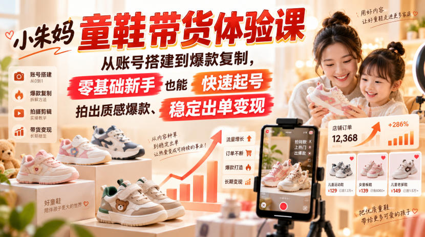 小朱妈童鞋带货体验课，从账号搭建到爆款复制，零基础新手也能快速起号、拍出质感爆款、稳定出单变现 - 福创网