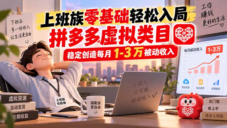 上班族零基础轻松入局，拼多多虚拟类目，稳定创造每月 1-3 万被动收入 - 福创网