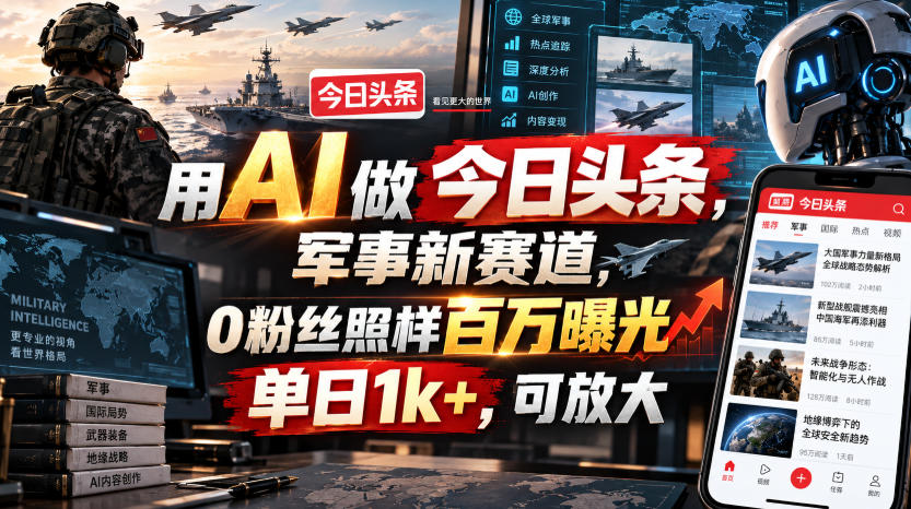 用AI做今日头条，军事新赛道，0粉丝照样百万曝光，单日1k+，可放大 - 福创网