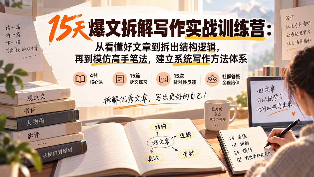 15天爆文拆解写作实战训练营：从看懂好文章到拆出结构逻辑，再到模仿高手笔法，建立系统写作方法体系 - 福创网