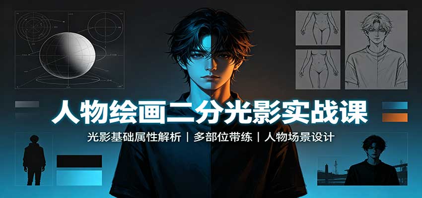 人物绘画二分光影实战课：光影基础属性解析，多部位带练，人物场景设计 - 福创网
