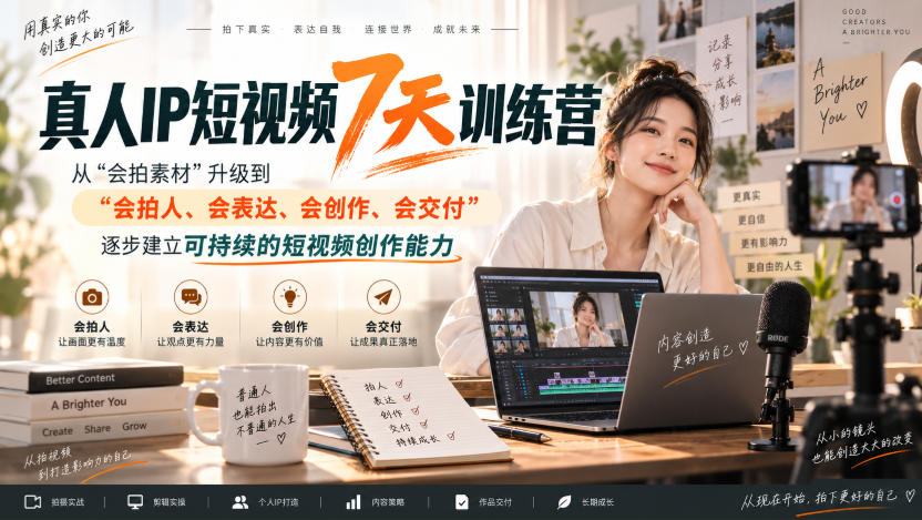 真人IP短视频7天训练营，从“会拍素材”升级到“会拍人、会表达、会创作、会交付”，逐步建立可持续的短视频创作能力 - 福创网