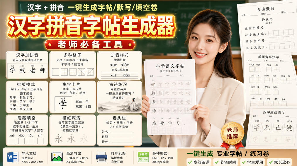 学习神器，汉字拼音字帖生成器，汉字+拼音 一键生成字帖/默写/填空卷，支持词组、成语，老师、家长必备 - 福创网