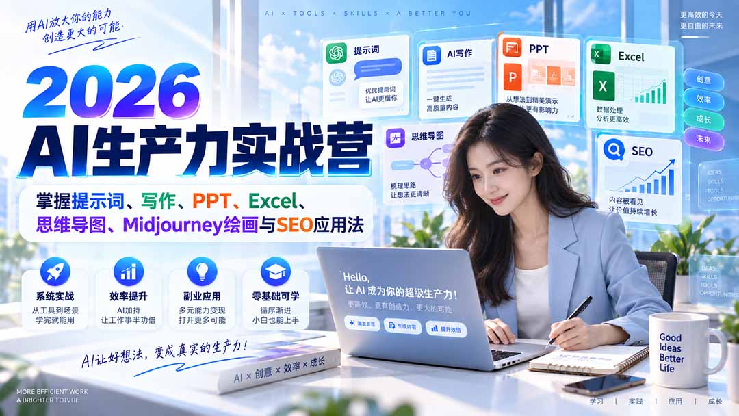 2026AI生产力实战营：掌握提示词、写作、PPT、Excel、思维导图、Midjourney绘画与SEO应用法 - 福创网