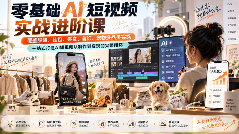 零基础AI短视频实战进阶课，覆盖服饰、鞋包、零食、首饰、宠物多品类实操，一站式打通AI短视频从制作到变现的完整闭环 - 福创网