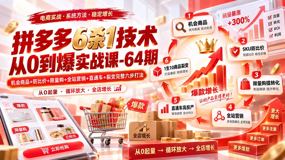 拼多多6杀1技术从0到爆实战课-64期：机会商品+防比价+限量购+全站营销+直通车+裂变完整六步打法 - 福创网