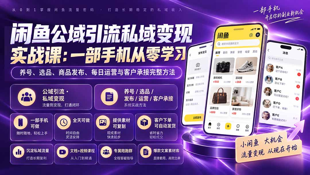 闲鱼公域引流私域变现实战课：一部手机从零学习养号、选品、商品发布、每日运营与客户承接完整方法 - 福创网