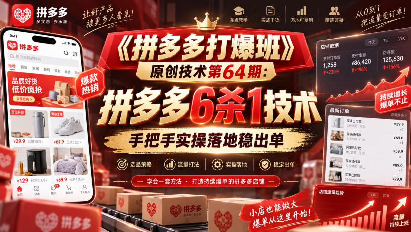 《拼多多打爆班》原创技术第64期：拼多多6杀1技术，手把手实操落地稳出单 - 福创网