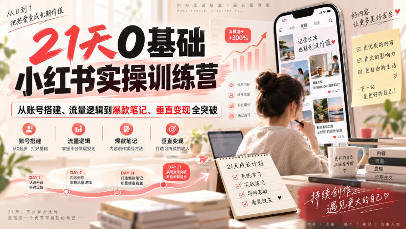 21天0基础小红书实操训练营｜从账号搭建、流量逻辑到爆款笔记、垂直变现全突破 - 福创网