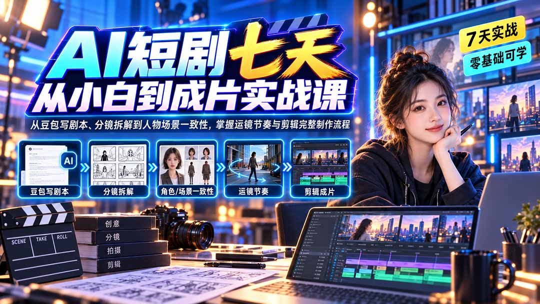 AI短剧七天从小白到成片实战课：从豆包写剧本、分镜拆解到人物场景一致性，掌握运镜节奏与剪辑完整制作流程 - 福创网