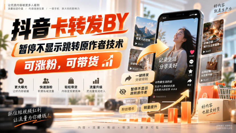 抖音卡转发搬运，暂停不显示跳转原作者技术，可涨粉，可带货 - 福创网