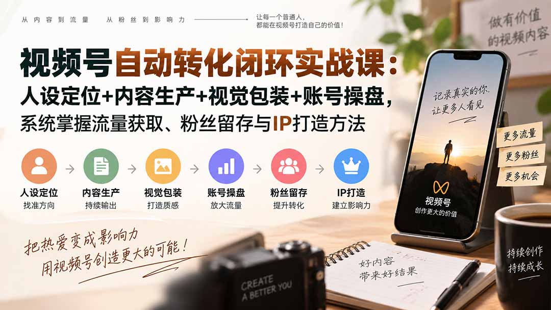 视频号自动转化闭环实战课：人设定位+内容生产+视觉包装+账号操盘，系统掌握流量获取、粉丝留存与IP打造方法 - 福创网