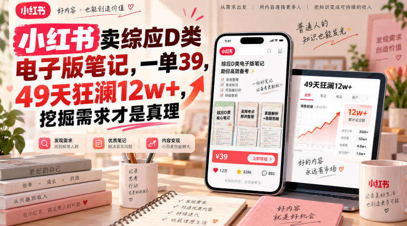 小红书卖综应D类电子版笔记，一单39，49天狂澜12w+，挖掘需求才是真理 - 福创网