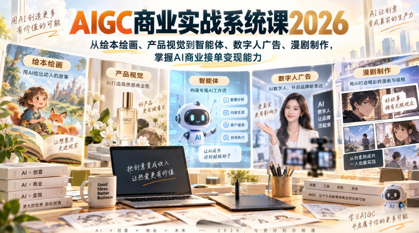 AIGC商业实战系统课2026，从绘本绘画、产品视觉到智能体、数字人广告、漫剧制作，掌握AI商业接单变现能力 - 福创网