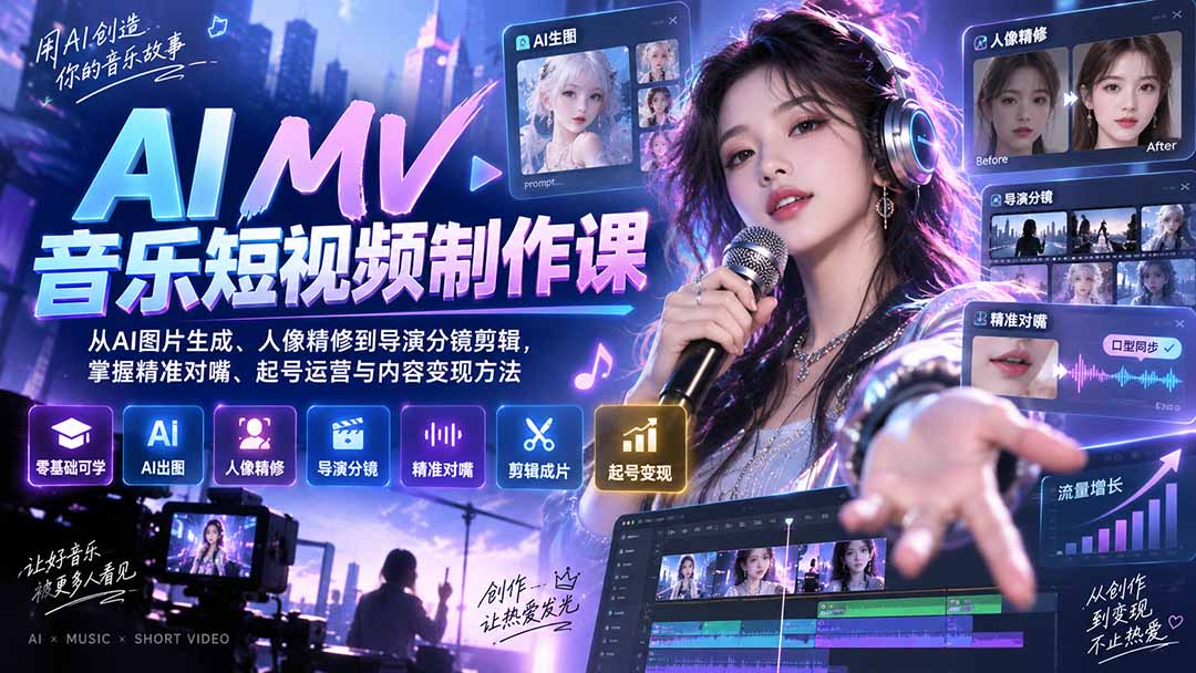 AI MV音乐短视频制作课：从AI图片生成、人像精修到导演分镜剪辑，掌握精准对嘴、起号运营与内容变现方法 - 福创网