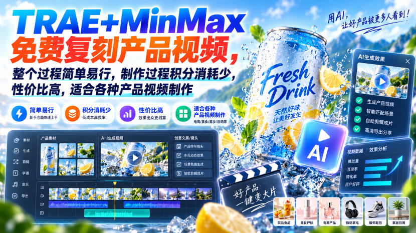 TRAE+MinMax免费复刻产品视频，整个过程简单易行，制作过程积分消耗少，性价比高，适合各种产品视频制作 - 福创网