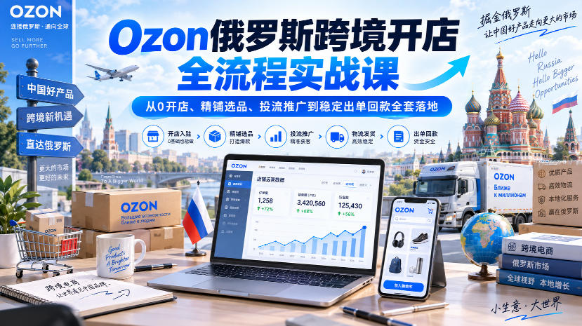 Ozon俄罗斯跨境开店全流程实战课｜从0开店、精铺选品、投流推广到稳定出单回款全套落地 - 福创网