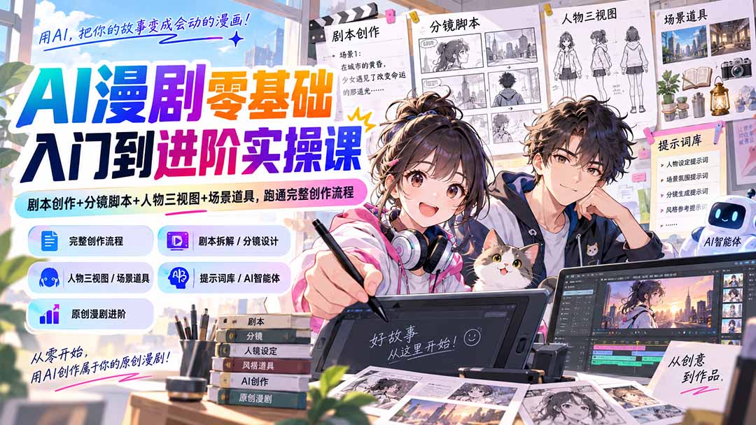 AI漫剧零基础入门到进阶实操课：剧本创作+分镜脚本+人物三视图+场景道具，跑通完整创作流程 - 福创网