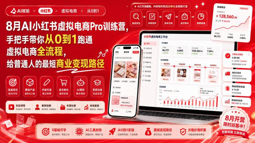 8月AI小红书虚拟电商Pro训练营，手把手带你从0到1跑通虚拟电商全流程，给普通人的最短商业变现路径(更新0910) - 福创网