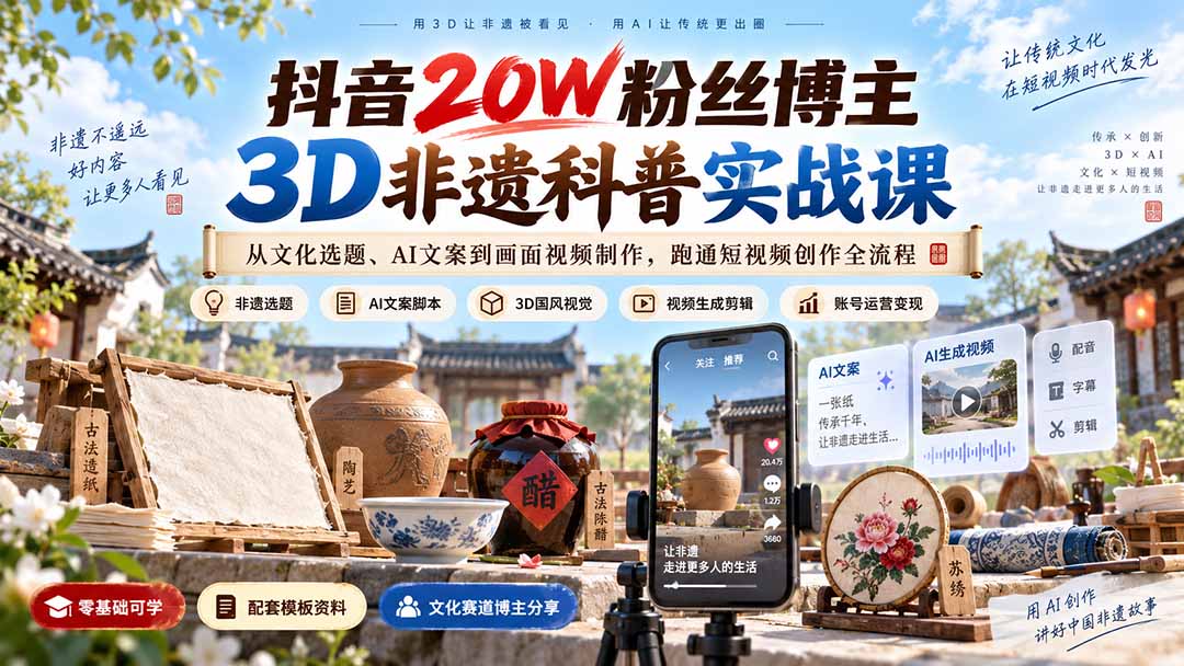 抖音20W粉丝博主3D非遗科普实战课：从文化选题、AI文案到画面视频制作，跑通短视频创作全流程 - 福创网