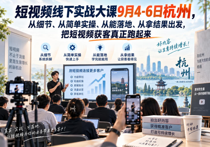 短视频线下实战大课9月4-6日杭州，从细节、从简单实操、从能落地、从拿结果出发，把短视频获客真正跑起来 - 福创网